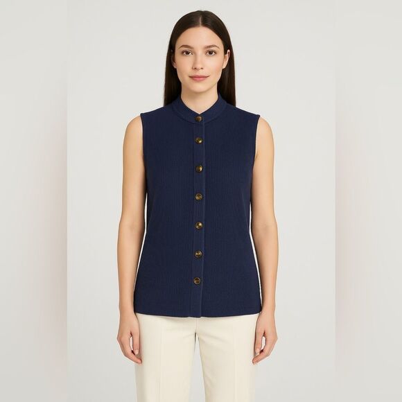 Anthropologie Callahan Ribbed Sleeveless Button Front Mira Top Navy Blue S NWT - Picture 8 of 8